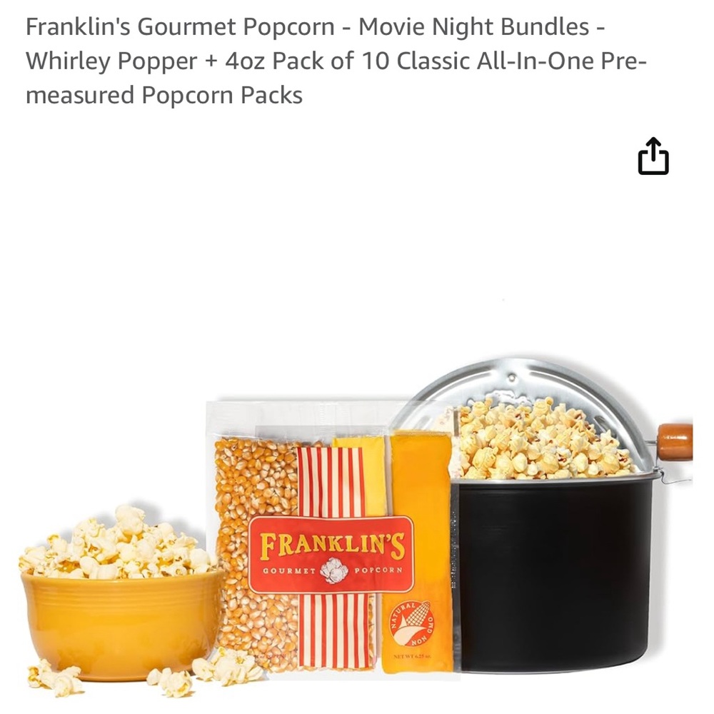 Franklin‘s Gourmet Popcorn whirly popper plus 10 pack of complete 4oz packs
